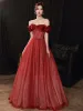 Vintage / Retro Burgundy Beading Dancing Prom Dresses 2020 A-Line / Princess Off-The-Shoulder Short Sleeve Glitter Tulle Floor-Length / Long Ruffle Backless Formal Dresses
