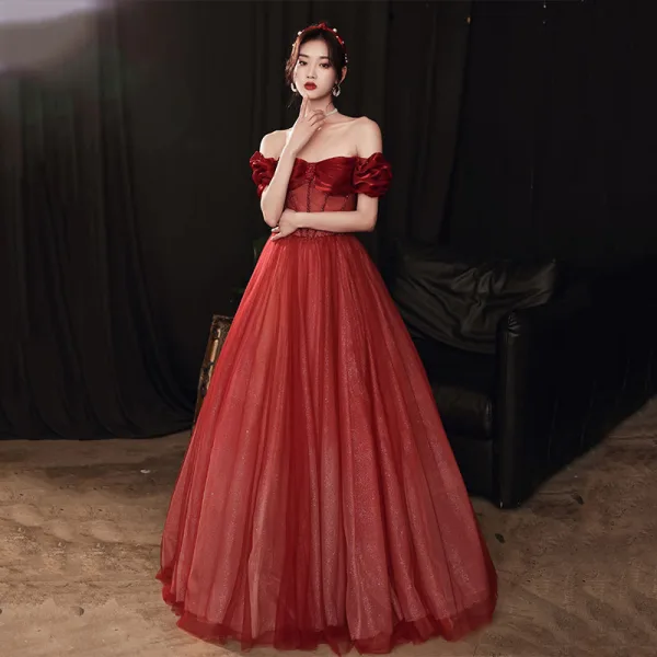 Vintage / Retro Burgundy Beading Dancing Prom Dresses 2020 A-Line / Princess Off-The-Shoulder Short Sleeve Glitter Tulle Floor-Length / Long Ruffle Backless Formal Dresses