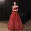 Vintage / Retro Burgundy Beading Dancing Prom Dresses 2020 A-Line / Princess Off-The-Shoulder Short Sleeve Glitter Tulle Floor-Length / Long Ruffle Backless Formal Dresses