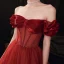 Vintage / Retro Burgundy Beading Dancing Prom Dresses 2020 A-Line / Princess Off-The-Shoulder Short Sleeve Glitter Tulle Floor-Length / Long Ruffle Backless Formal Dresses