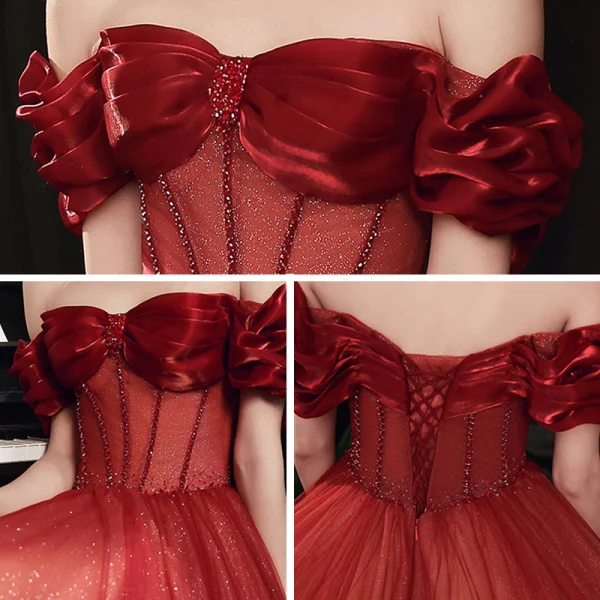 Vintage / Retro Burgundy Beading Dancing Prom Dresses 2020 A-Line / Princess Off-The-Shoulder Short Sleeve Glitter Tulle Floor-Length / Long Ruffle Backless Formal Dresses