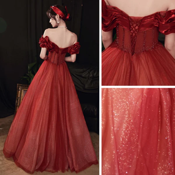 Vintage / Retro Burgundy Beading Dancing Prom Dresses 2020 A-Line / Princess Off-The-Shoulder Short Sleeve Glitter Tulle Floor-Length / Long Ruffle Backless Formal Dresses