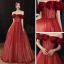 Vintage / Retro Burgundy Beading Dancing Prom Dresses 2020 A-Line / Princess Off-The-Shoulder Short Sleeve Glitter Tulle Floor-Length / Long Ruffle Backless Formal Dresses