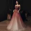 Elegante Burgunderrot Farbverlauf Ballkleider 2020 A Linie Bandeau Ärmellos Perlenstickerei Sweep / Pinsel Zug Rüschen Rückenfreies Festliche Kleider