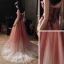 Elegante Burgunderrot Farbverlauf Ballkleider 2020 A Linie Bandeau Ärmellos Perlenstickerei Sweep / Pinsel Zug Rüschen Rückenfreies Festliche Kleider