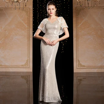 Scintillantes Argenté Paillettes Robe De Soirée 2020 Trompette Sirène V Cou Manches Courtes Appliques En Dentelle Longue Dos Nu Robe De Ceremonie