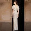 Błyszczące Srebrny Cekiny Sukienki Wieczorowe 2020 Syrena / Rozkloszowane V-Szyja Kótkie Rękawy Aplikacje Z Koronki Długie Bez Pleców Sukienki Wizytowe