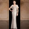 Sparkly Silver Sequins Evening Dresses  2020 Trumpet / Mermaid V-Neck Short Sleeve Appliques Lace Floor-Length / Long Backless Formal Dresses
