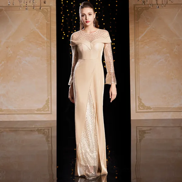 Fashion Champagne Gold Velour Winter Evening Dresses  2020 Trumpet / Mermaid See-through Scoop Neck Long Sleeve Sequins Floor-Length / Long Ruffle Formal Dresses