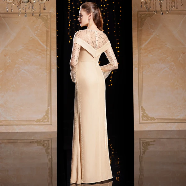Mode Champagne Doré Velour Hiver Robe De Soirée 2020 Trompette / Sirène Transparentes Encolure Dégagée Manches Longues Paillettes Longue Volants Robe De Ceremonie