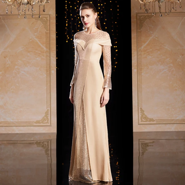 Mode Champagne Doré Velour Hiver Robe De Soirée 2020 Trompette / Sirène Transparentes Encolure Dégagée Manches Longues Paillettes Longue Volants Robe De Ceremonie
