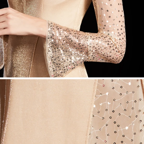 Mode Champagne Doré Velour Hiver Robe De Soirée 2020 Trompette / Sirène Transparentes Encolure Dégagée Manches Longues Paillettes Longue Volants Robe De Ceremonie