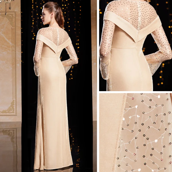 Fashion Champagne Gold Velour Winter Evening Dresses 2020 Trumpet / Mermaid See-through Scoop Neck Long Sleeve Sequins Floor-Length / Long Ruffle Fashion Champagne Gold Velour Winter Evening Dresses 2020 Trumpet / Mermaid See-through Scoop Neck Long Sleeve Sequins Floor-Length / Long Ruffle