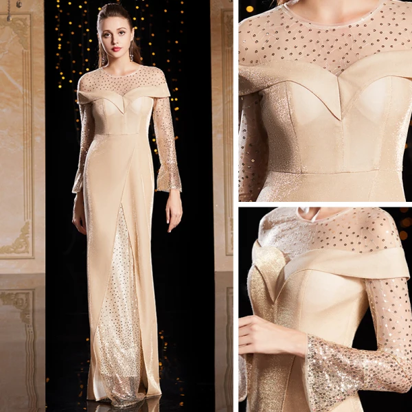 Mode Champagne Doré Velour Hiver Robe De Soirée 2020 Trompette / Sirène Transparentes Encolure Dégagée Manches Longues Paillettes Longue Volants Robe De Ceremonie
