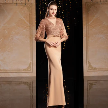 High End Champagne Gold Evening Dresses 2021 Trumpet Mermaid See Through High Neck 3 4 Sleeve Sequins Bow Sash Floor Length Long Ruffle Formal Dresses