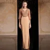 High-end Champagne Gold Evening Dresses  2021 Trumpet / Mermaid See-through High Neck 3/4 Sleeve Sequins Bow Sash Floor-Length / Long Ruffle Formal Dresses