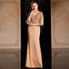 High-end Champagne Gold Evening Dresses  2021 Trumpet / Mermaid See-through High Neck 3/4 Sleeve Sequins Bow Sash Floor-Length / Long Ruffle Formal Dresses