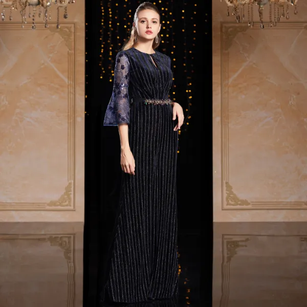 High-end Navy Blue Evening Dresses  2021 Sheath / Fit Scoop Neck 3/4 Sleeve Bell sleeves Appliques Lace Beading Sequins Split Front Floor-Length / Long Ruffle Formal Dresses