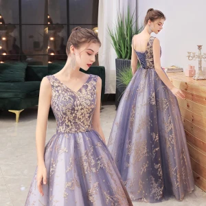 Romantique Océan Bleu Doré Dansant Robe De Bal 2021 Princesse V Cou Sans Manches Glitter Appliques Longue Volants Dos Nu Robe De Ceremonie