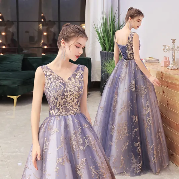 Romantic Ocean Blue Gold Dancing Prom Dresses 2021 A-Line / Princess V-Neck Sleeveless Glitter Appliques Floor-Length / Long Ruffle Backless Formal Dresses