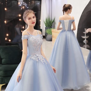 Élégant Bleu Ciel Dansant Robe De Bal 2021 Robe Boule De L 039 Épaule Bretelles Spaghetti Manches Courtes Appliques En Dentelle Perlage Longue Volants Dos Nu Robe De Ceremonie