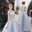Elegant Sky Blue Dancing Prom Dresses 2021 Ball Gown Off-The-Shoulder Spaghetti Straps Short Sleeve Appliques Lace Beading Floor-Length / Long Ruffle Backless Formal Dresses