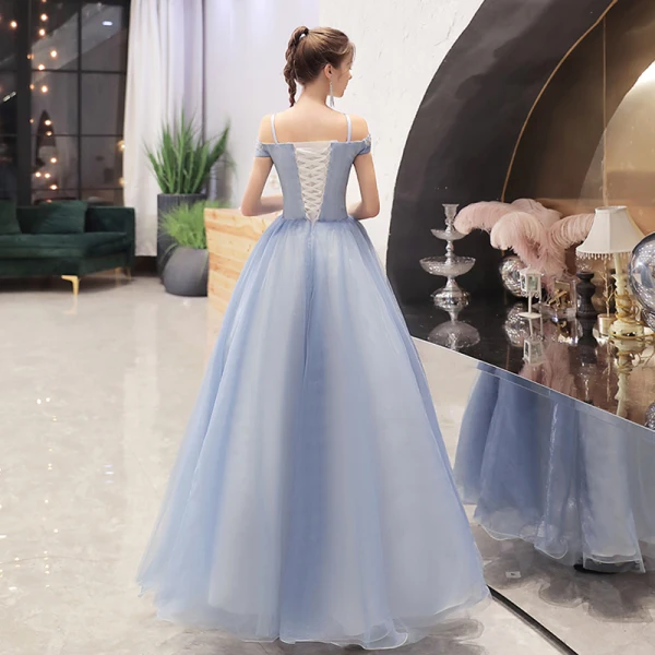 Elegant Sky Blue Dancing Prom Dresses 2021 Ball Gown Off-The-Shoulder Spaghetti Straps Short Sleeve Appliques Lace Beading Floor-Length / Long Ruffle Backless Formal Dresses