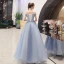 Elegant Sky Blue Dancing Prom Dresses 2021 Ball Gown Off-The-Shoulder Spaghetti Straps Short Sleeve Appliques Lace Beading Floor-Length / Long Ruffle Backless Formal Dresses