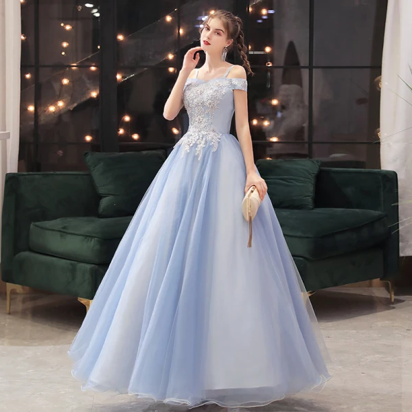 Elegant Sky Blue Dancing Prom Dresses 2021 Ball Gown Off-The-Shoulder Spaghetti Straps Short Sleeve Appliques Lace Beading Floor-Length / Long Ruffle Backless Formal Dresses