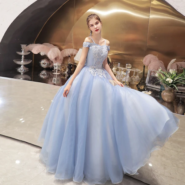 Elegant Sky Blue Dancing Prom Dresses 2021 Ball Gown Off-The-Shoulder Spaghetti Straps Short Sleeve Appliques Lace Beading Floor-Length / Long Ruffle Backless Formal Dresses