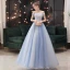 Elegant Sky Blue Dancing Prom Dresses 2021 Ball Gown Off-The-Shoulder Spaghetti Straps Short Sleeve Appliques Lace Beading Floor-Length / Long Ruffle Backless Formal Dresses