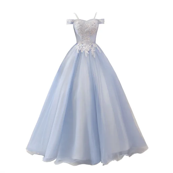 Elegant Sky Blue Dancing Prom Dresses 2021 Ball Gown Off-The-Shoulder Spaghetti Straps Short Sleeve Appliques Lace Beading Floor-Length / Long Ruffle Backless Formal Dresses