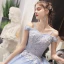 Elegant Sky Blue Dancing Prom Dresses 2021 Ball Gown Off-The-Shoulder Spaghetti Straps Short Sleeve Appliques Lace Beading Floor-Length / Long Ruffle Backless Formal Dresses