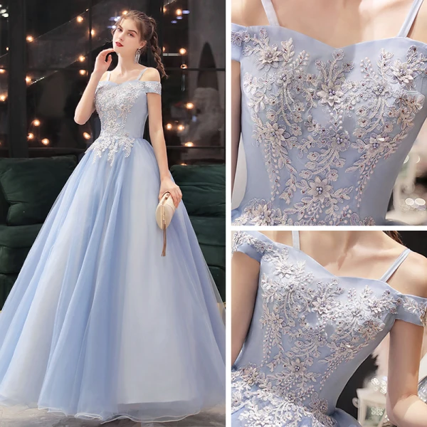 Elegant Sky Blue Dancing Prom Dresses 2021 Ball Gown Off-The-Shoulder Spaghetti Straps Short Sleeve Appliques Lace Beading Floor-Length / Long Ruffle Backless Formal Dresses