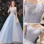 Elegant Sky Blue Dancing Prom Dresses 2021 Ball Gown Off-The-Shoulder Spaghetti Straps Short Sleeve Appliques Lace Beading Floor-Length / Long Ruffle Backless Formal Dresses