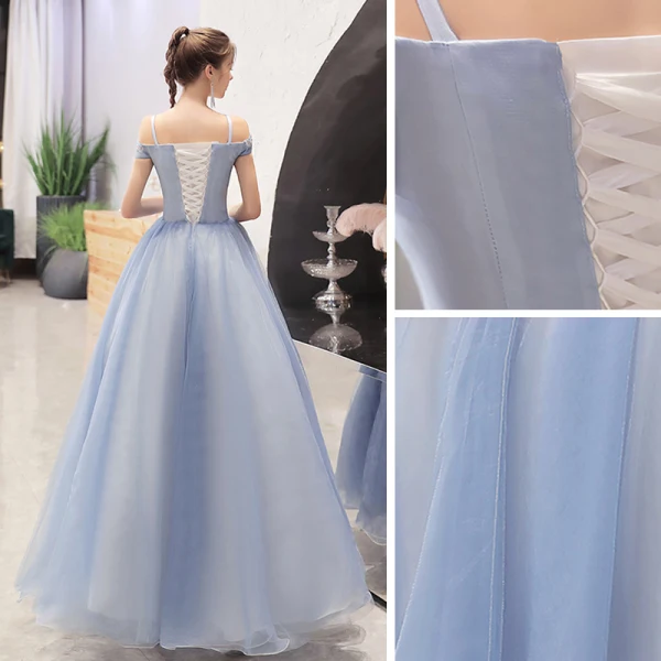Elegant Sky Blue Dancing Prom Dresses 2021 Ball Gown Off-The-Shoulder Spaghetti Straps Short Sleeve Appliques Lace Beading Floor-Length / Long Ruffle Backless Formal Dresses