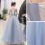 Elegant Sky Blue Dancing Prom Dresses 2021 Ball Gown Off-The-Shoulder Spaghetti Straps Short Sleeve Appliques Lace Beading Floor-Length / Long Ruffle Backless Formal Dresses
