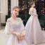 Elegant Grey Dancing Prom Dresses 2021 Ball Gown V-Neck Short Sleeve Appliques Lace Beading Floor-Length / Long Ruffle Backless Formal Dresses