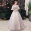 Elegant Grey Dancing Prom Dresses 2021 Ball Gown V-Neck Short Sleeve Appliques Lace Beading Floor-Length / Long Ruffle Backless Formal Dresses