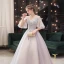 Elegant Grey Dancing Prom Dresses 2021 Ball Gown V-Neck Short Sleeve Appliques Lace Beading Floor-Length / Long Ruffle Backless Formal Dresses