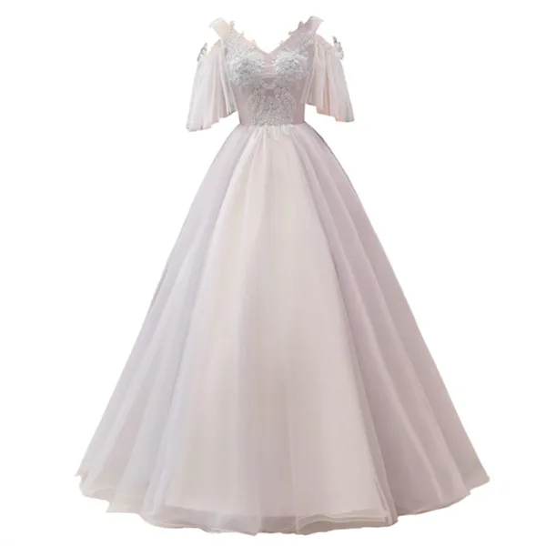 Elegant Grey Dancing Prom Dresses 2021 Ball Gown V-Neck Short Sleeve Appliques Lace Beading Floor-Length / Long Ruffle Backless Formal Dresses