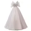 Elegant Grey Dancing Prom Dresses 2021 Ball Gown V-Neck Short Sleeve Appliques Lace Beading Floor-Length / Long Ruffle Backless Formal Dresses