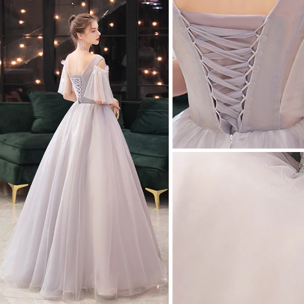 Elegant Grey Dancing Prom Dresses 2021 Ball Gown V-Neck Short Sleeve Appliques Lace Beading Floor-Length / Long Ruffle Backless Formal Dresses