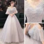 Elegant Grey Dancing Prom Dresses 2021 Ball Gown V-Neck Short Sleeve Appliques Lace Beading Floor-Length / Long Ruffle Backless Formal Dresses