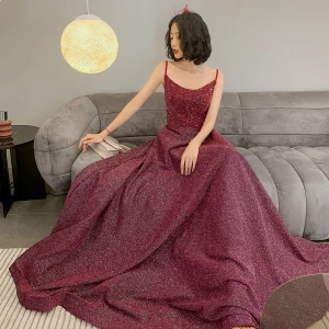 Bling Bling Burgundy Dancing Prom Dresses 2021 A Line Princess Spaghetti Straps Sleeveless Beading Glitter Polyester Floor Length Long Ruffle Backless Formal Dresses