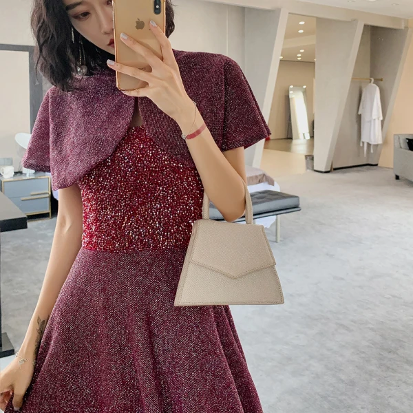 Bling Bling Burgundy Dancing Prom Dresses 2021 A-Line / Princess Spaghetti Straps Sleeveless Beading Glitter Polyester Floor-Length / Long Ruffle Backless Formal Dresses