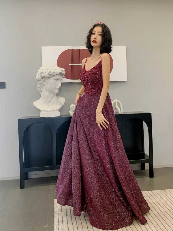 Bling Bling Burgundy Dancing Prom Dresses 2021 A-Line / Princess Spaghetti Straps Sleeveless Beading Glitter Polyester Floor-Length / Long Ruffle Backless Formal Dresses