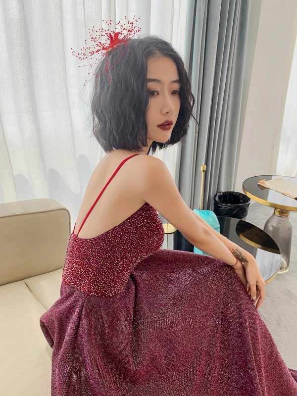 Bling Bling Burgundy Dancing Prom Dresses 2021 A-Line / Princess Spaghetti Straps Sleeveless Beading Glitter Polyester Floor-Length / Long Ruffle Backless Formal Dresses