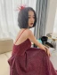 Bling Bling Burgundy Dancing Prom Dresses 2021 A-Line / Princess Spaghetti Straps Sleeveless Beading Glitter Polyester Floor-Length / Long Ruffle Backless Formal Dresses