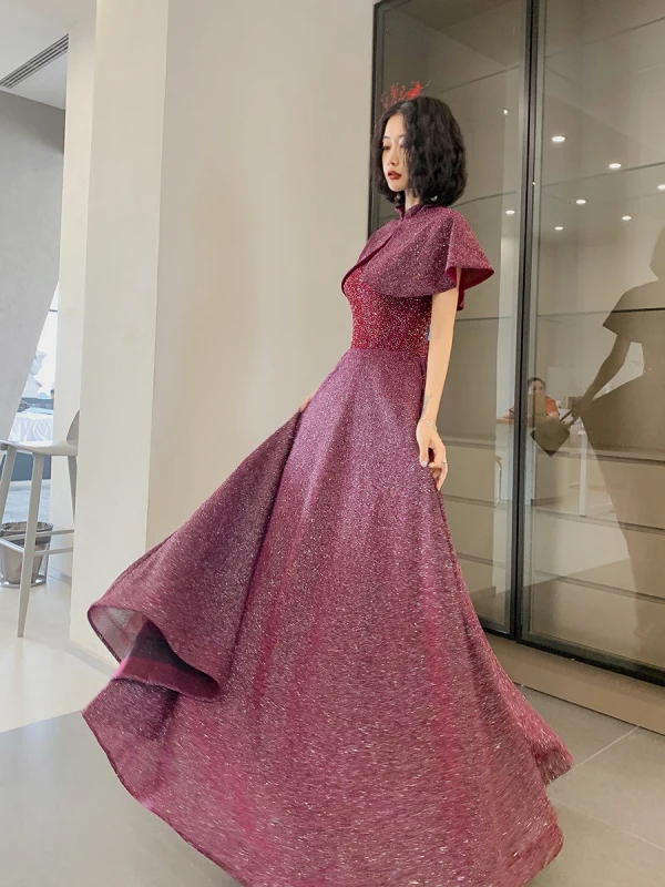 Bling Bling Burgundy Dancing Prom Dresses 2021 A-Line / Princess Spaghetti Straps Sleeveless Beading Glitter Polyester Floor-Length / Long Ruffle Backless Formal Dresses